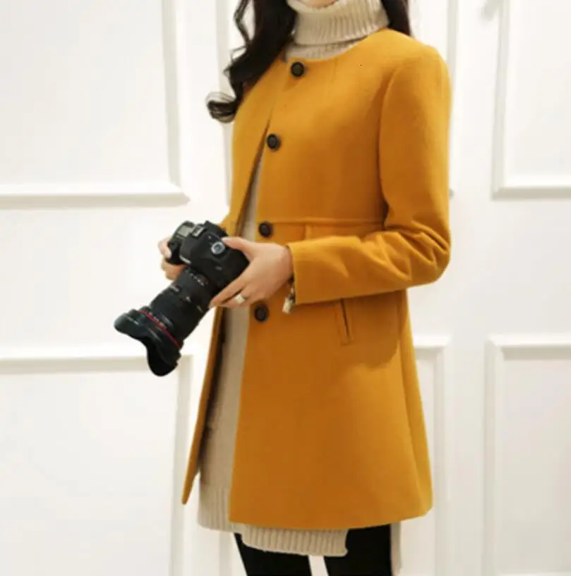Fashion coats round neck long-sleeved single-breasted wool coat female autumn winter multi-color large size warm jacket outwear