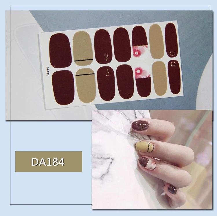 DA184 14 Tips Nail Art Full Cover Self Adhesive Nail Stickers Glitter Tips Wraps 3D Waterproof Nail Stickers Decals Manicure Supplies - Цвет: DA184