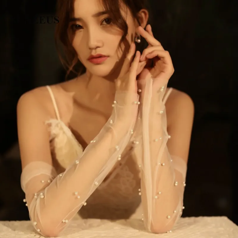 Pearls Beaded Bridal Gloves Transparent Ivory Tulle Long Wedding Gloves guantes para novias SFG19