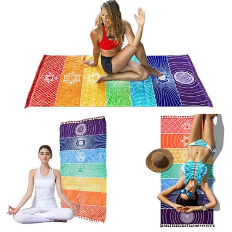 Women Yoga Mat Bohemia India Mandala Blanket 7 Chakra Rainbow Stripes Tapestry Beach Mats For Women Throw Towel Travel Yoga Mat