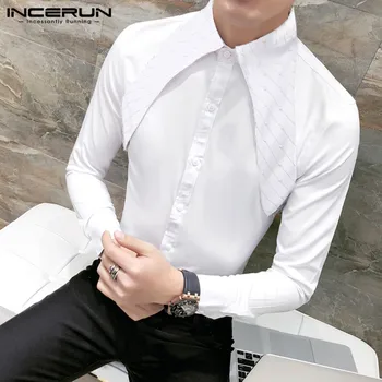 

Solid Color Dress Shirt Men 2020 Lapel Brand Clubwear Blouse Casual Long Sleeve Fashion Korean Social Men Wedding Shirts INCERUN