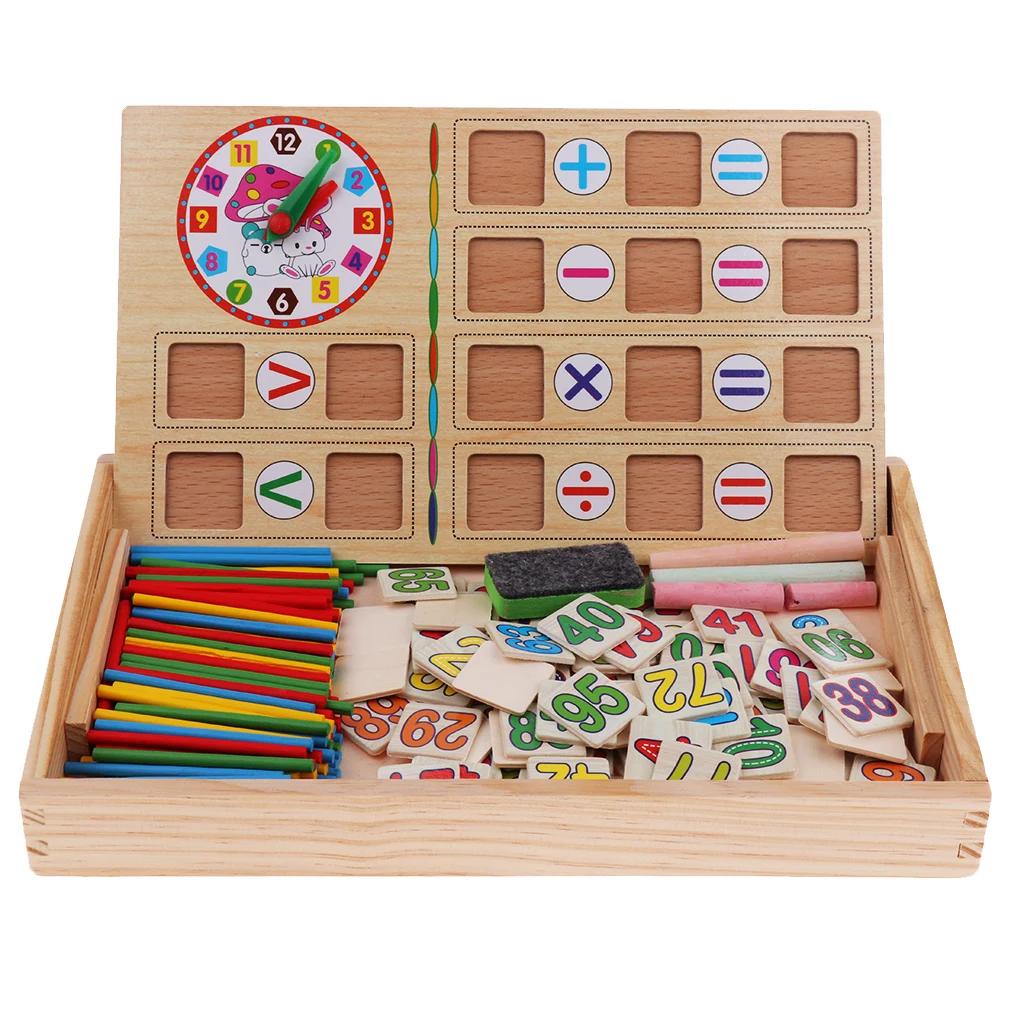 Preschool Wooden Math Counting Tool with Counting Rods,Teaching Clock,Board