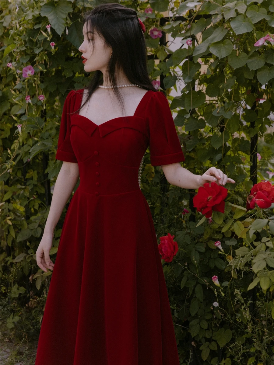 Autumn Summer Women Red Velvet Dress 