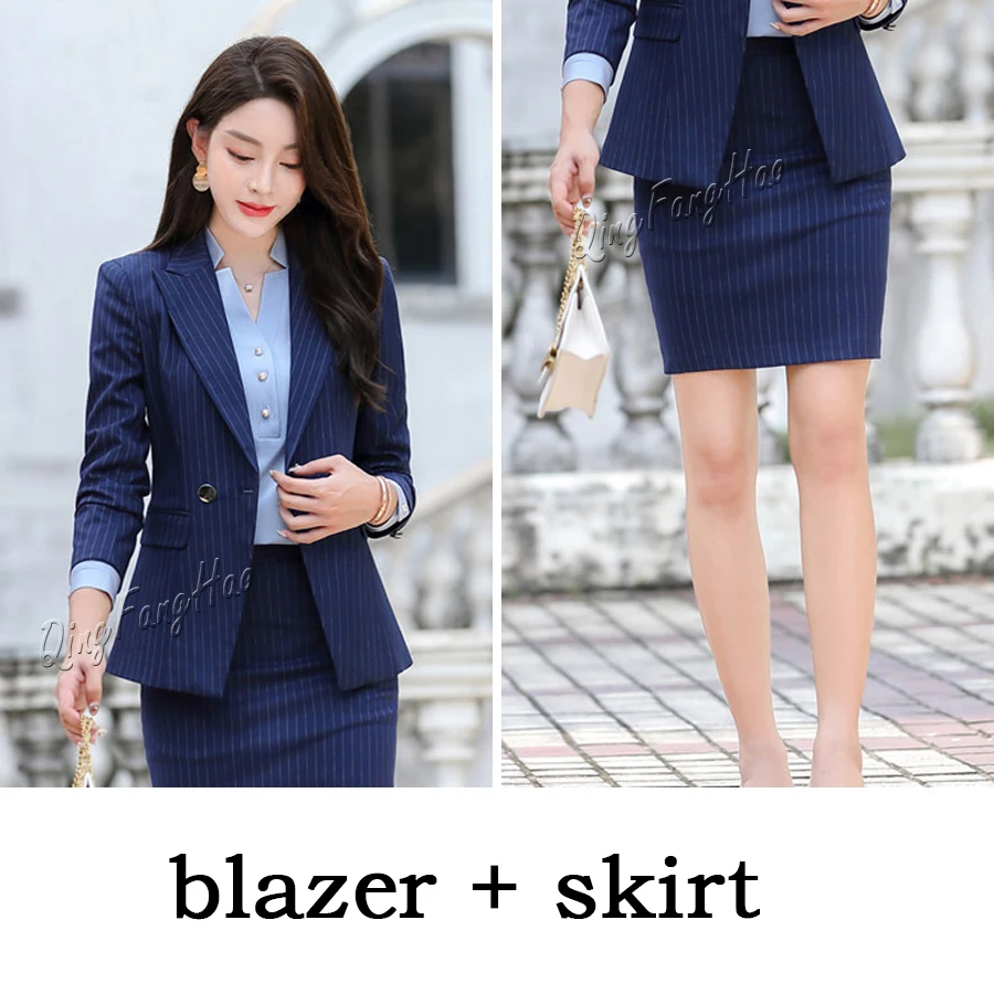 blue skirt set Осень и зима профессиональный женский полосатый костюм с длинными рукавами брюки или юбка костюм Корейская OL Рабочая одежда - Цвет: blue skirt set
