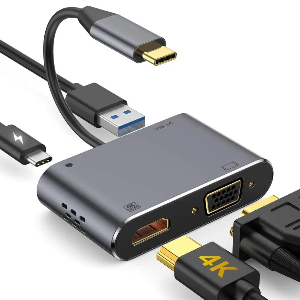 Тип C к HDMI VGA адаптер USB C концентратор с 4K HDMI 1080P VGA USB 3,0 PD Зарядка 2 экрана такой же дисплей для MacBook Pro больше - Цвет: Серый