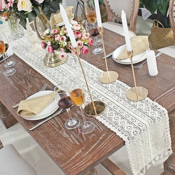 

Beige Crochet Lace Table Runner with Tassel Cotton Wedding Decor Hollow Tablecloth Nordic Romance Table Cover Coffee Bed Runners