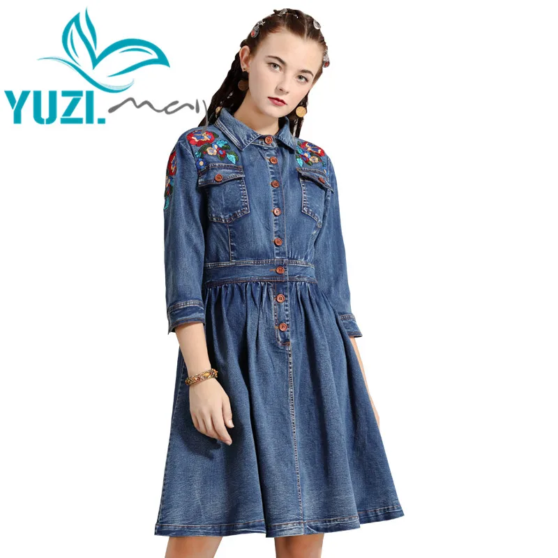 Женское платье Yuzi. may Boho новые джинсовые женские платья с отложным воротником Цветочная вышивка А-силуэта Vestidos A4917