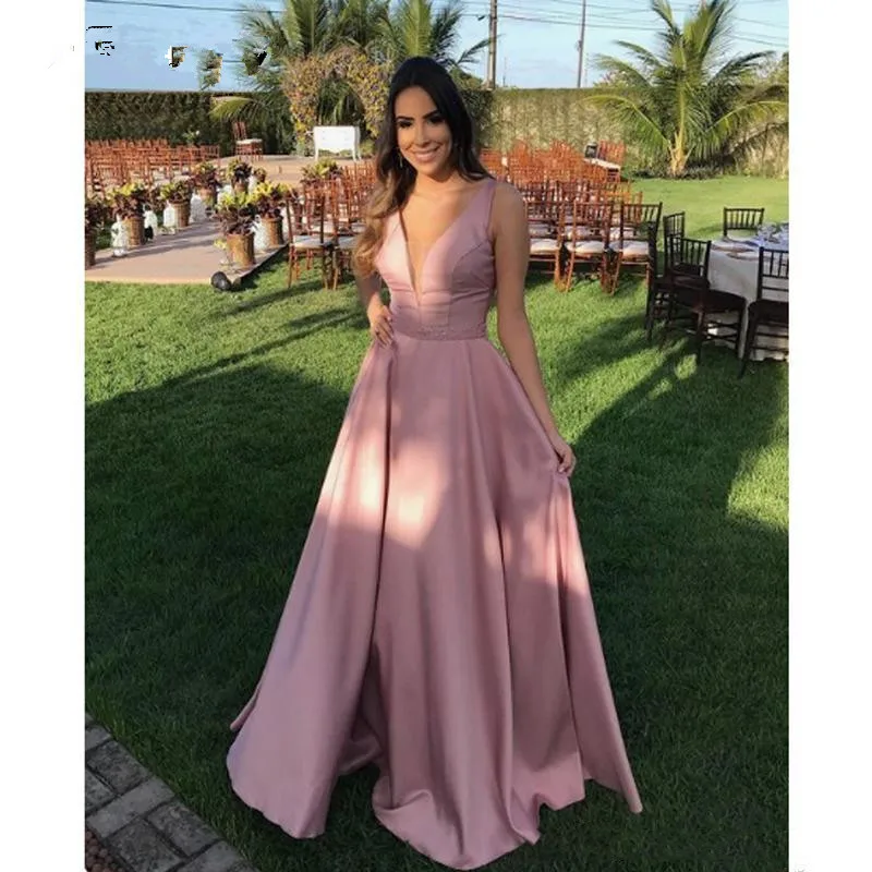 

Elegante A Linha Stain Vestidos de Noite 2019 V Profundo Neck Mangas Beading Cintura Longo Vestido de Noite Robe de Soirée Festa