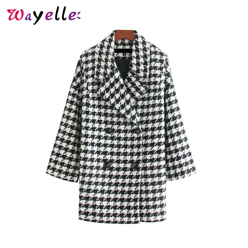 

Houndstooth Women Jacket 2019 Winter Vintage Side Pockets Plaid Women Coats and Jackets Double Breasted Long Sleeve Chic Tops
