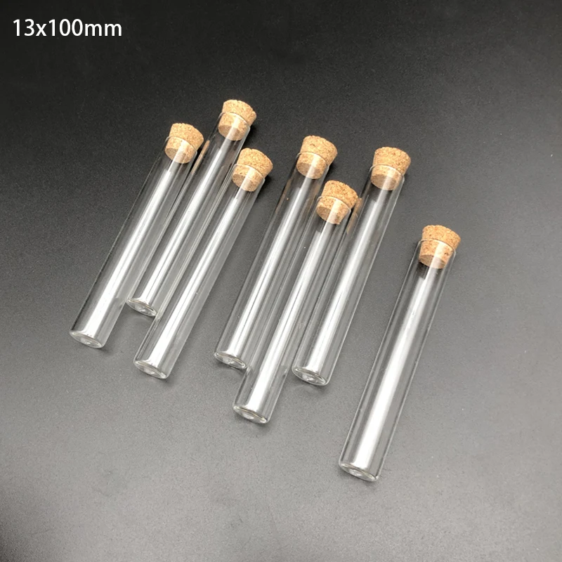 

50pcs/Pack 13x100mm Lab Flat Bottom Clear Glass Test Tube With Cork Wooden Stoppers for School Laboratory Experiment