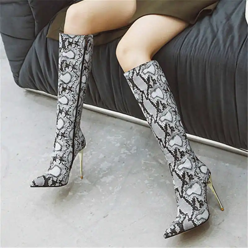 SnakeSkin Odetina/новые женские леопардовые сапоги до колена на очень высоком каблуке-шпильке; женские высокие сапоги из змеиной кожи с острым носком и боковой молнией - Цвет: SnakeSkin