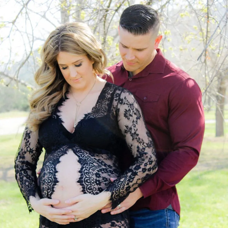 

Fashion Lace Maternity Gown Photography Fancy Props Dresses V-neck Full Sleeve Eyelashes Lace Maternity Photograpy Mama Gown