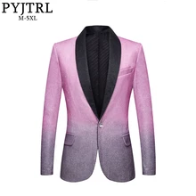 PYJTRL, мужской свадебный стильный пиджак для жениха, с отворотом, градиентный цвет, блестящий, розовый, серый, приталенный Блейзер, для сцены, певицы, выпускного, костюм, пиджак