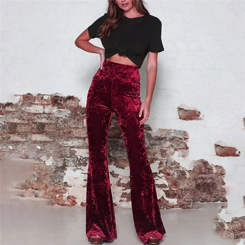 Artículo caliente Pantalones largos acampanados de terciopelo liso para mujer a la moda de 2020, Pantalones básicos de pierna ancha con cintura alta y campana elástica KjwneBLyLO5