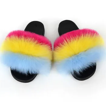 

Fluffy Mixed Color Rainbow Fox Fur Slides Women Fur Slippers Flat Raccoon Sandals Summer Outdoor Flip Flop Ladies Cute Fur Shoes