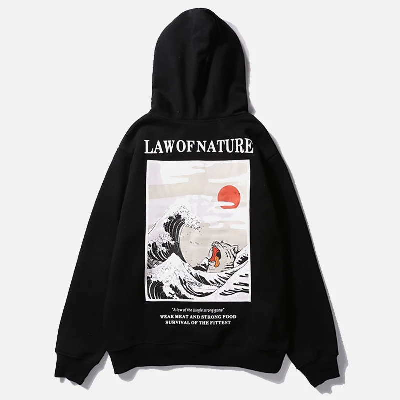 Ceny Jesień japoński drukuj bluzy męskie moda uliczna z kapturem Funny Cat Wave aksamitna bluza męska 2019 Winter Casual Unisex czarna bluza