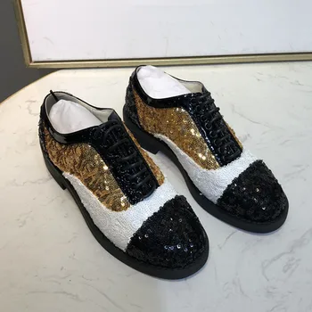 

Fashion round toe Color Matching Sequined Women Flat Shoes Black Platform Lace up Loafers Ladies Shoes Gold Four Seasons Flats