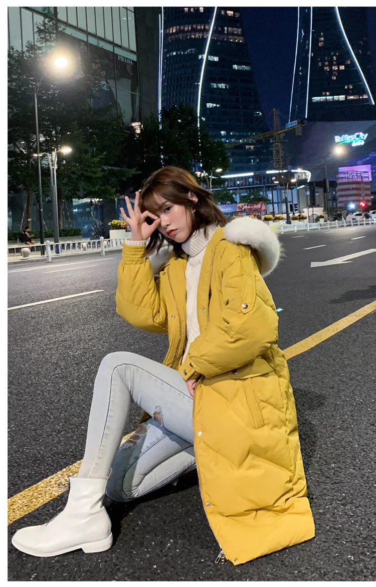 TopFurMall)European Winter Women Parkas Down Coats Jackets Real Fox Fur Hoody Lady Long Outwear Overcoat LF9168