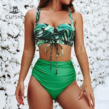 

CUPSHE Green Leafy Lace Up High Waisted Bikini Sets Sexy Push Up Swimsuit Two Pieces Swimwear Women 2020 Beach Bathing Suits