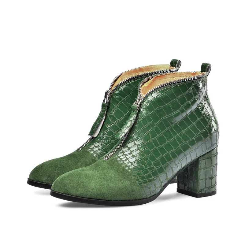 Meotina/осенние ботильоны женские ботинки короткие ботинки на молнии на высоком массивном каблуке разноцветные ботинки с круглым носком женские зеленые размеры 34-39 - Цвет: Зеленый