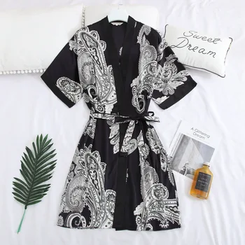 

Large Size 3XL For Men Home Clothing Satin Print Kimono Bathrobe Gown Causal Nightwear Home Dressing Gown V-neck Sleepwear