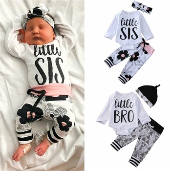 

Little Bro Sister Baby Boys Girls Newborn Clothes Romper Jumpsuit Top Long Pants Legging Headband Hat 3PCS Tracksuit Clothes Set