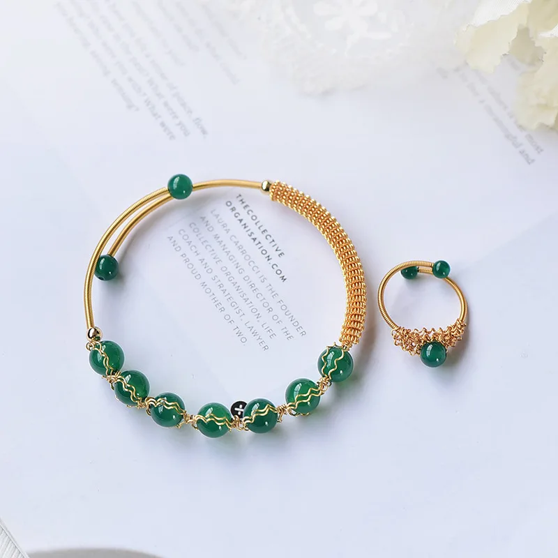 

Vintage Natural Emerald Green Transparent Agate Bead Open Bangle Ring Jewelry Set 14k Gold Filled Hand-woven Ladies Jewelry Gift