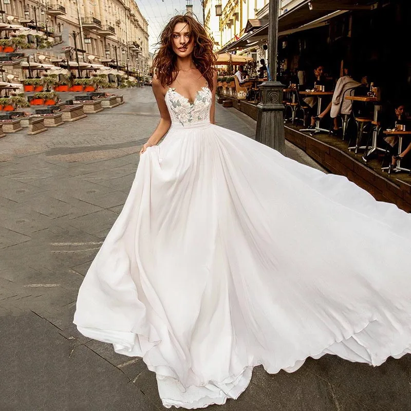 Eightree свадебное платье с завязками без рукавов Цветочные Аппликации Свадебные платья трапециевидные шифоновые Свадебные платья Vestidos De Novia - Цвет: White
