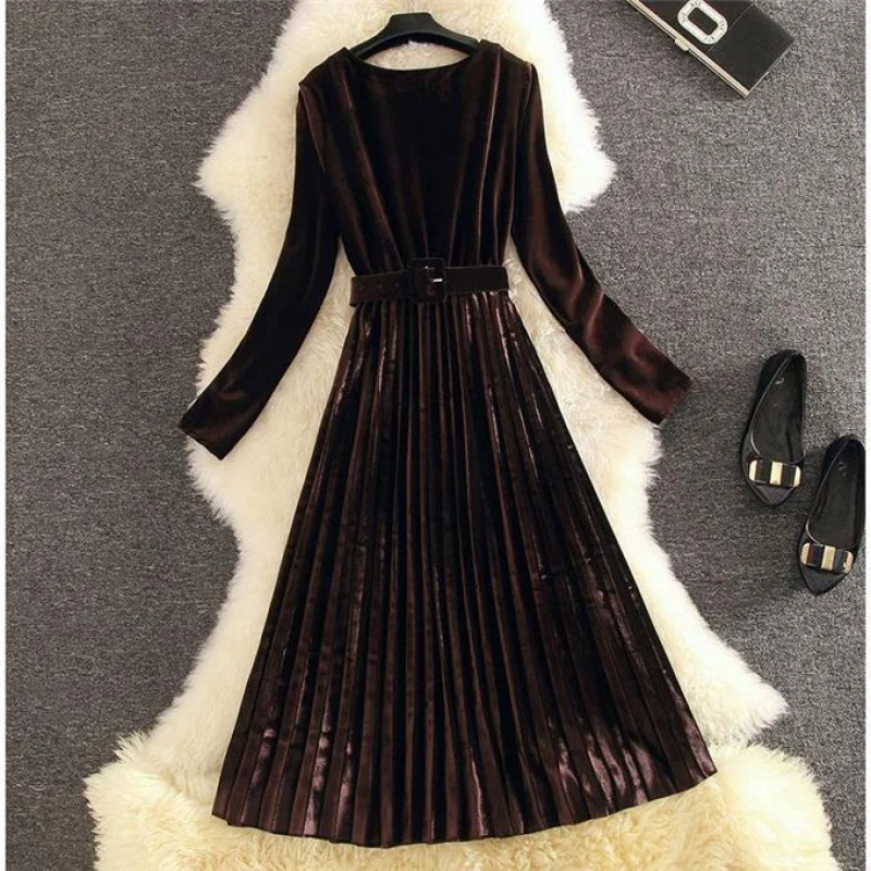 Новинка, женское элегантное офисное платье, Осень-зима, тонкое бархатное платье с поясом, Vestidos, женское плиссированное платье миди с длинным рукавом