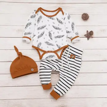 

Infant Baby 0-24M Girl long sleeve feather printed Romper Pants Hat 3PC Outfits Children clothes set