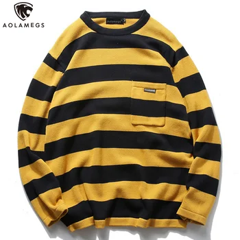 

Aolamegs Sweater Men Striped Print Pullover O-neck Sweaters Retro Simple Style Tops Advanced Knitted Casual Streetwear Autumn