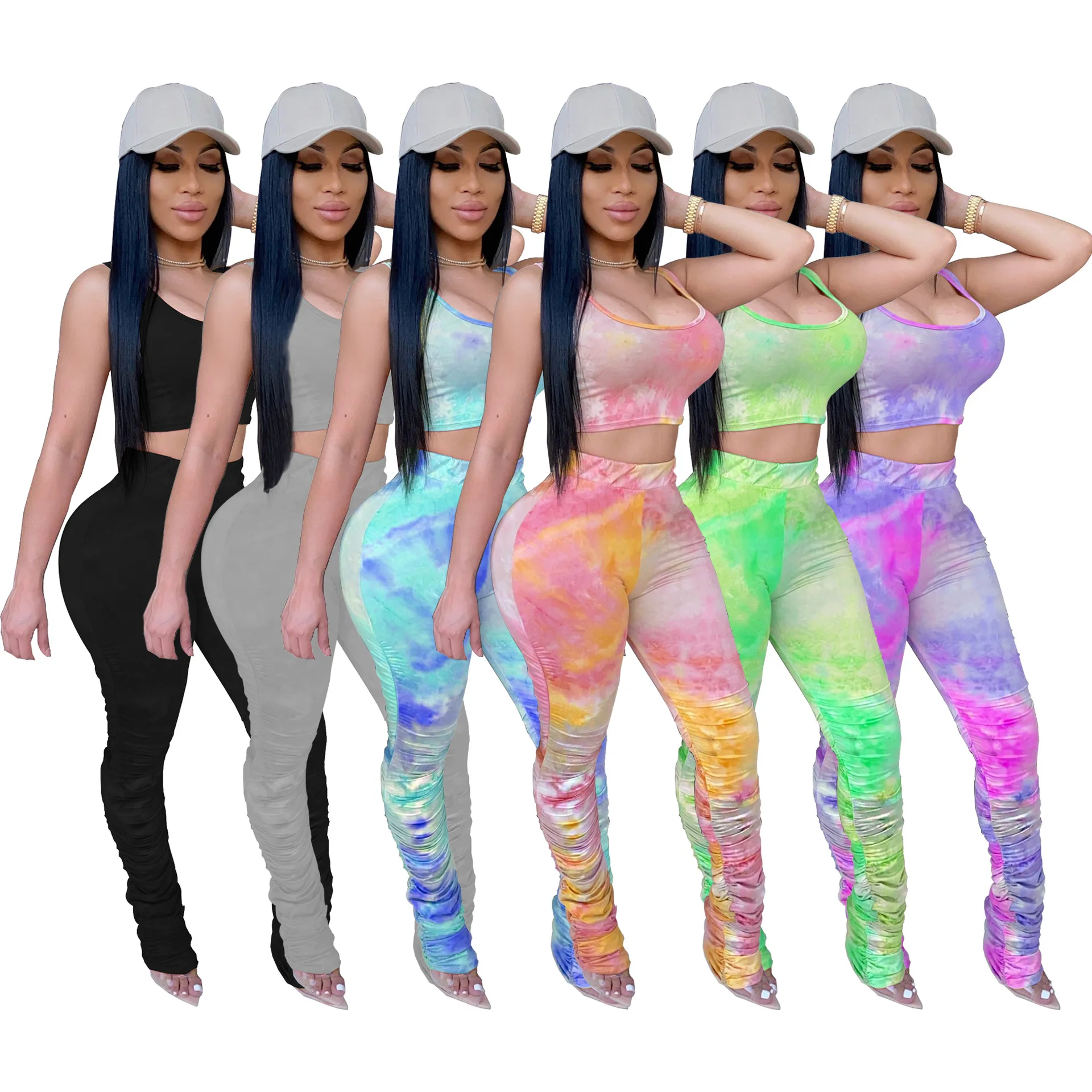 

2020 Summer Women Suit Hot Style Ruffle Tie-dye Crop Tank Top & Sports Pants European And American Fashion Two Piece Set