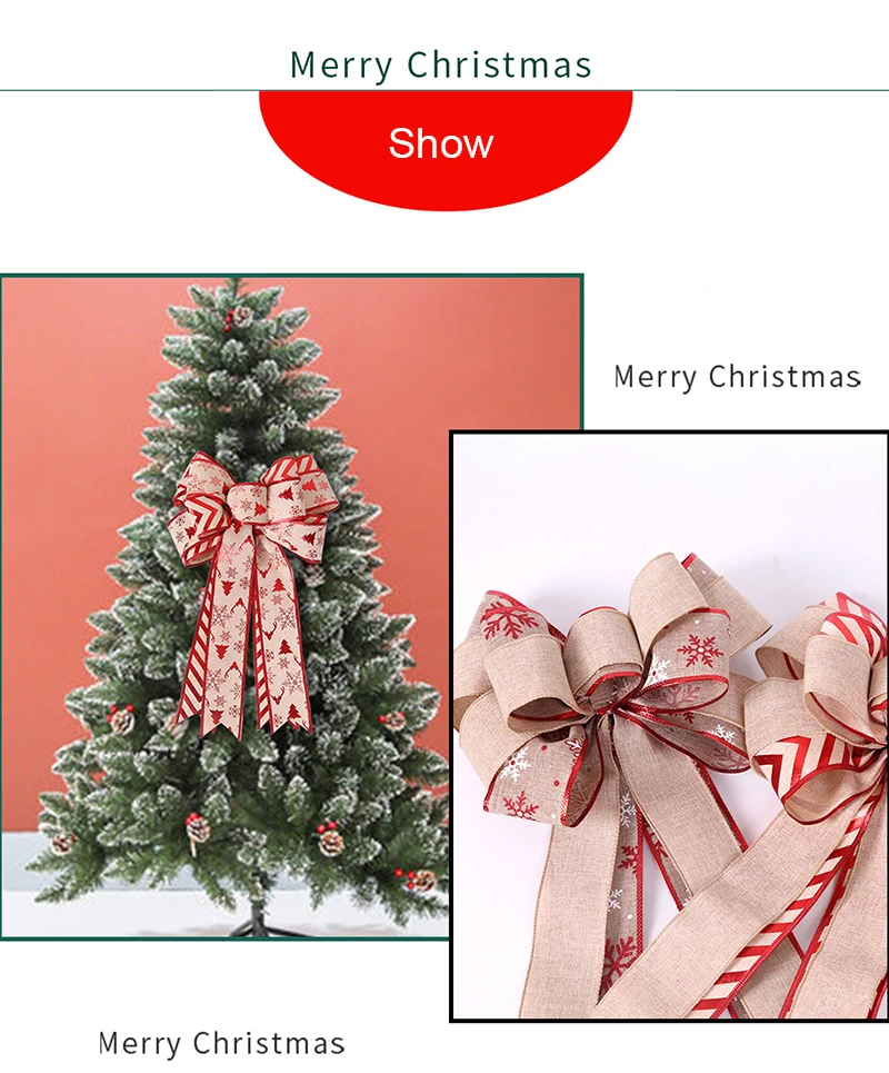 Description Picture 2 of item46*28cm Double Layer Linen Bow Christmas Bow-knot Christmas Tree Decorations Maple Leaf Striped Snowflake Khaki Bow Decor