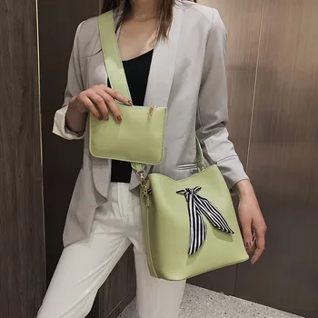 

Casual Women Bucket bag pu leather crossbody bag for Female With ribbon Shoulder Bags Ladies composite bag handbag bolsos
