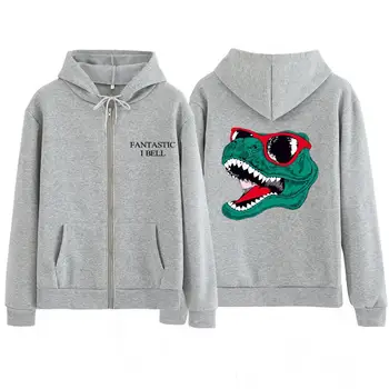

Couple Dinosaur Head Print Student Hoodie Long Sleeve Pocket Zipper Sweatshirt Women Spring Autumn Casual Loose Solid Color Top