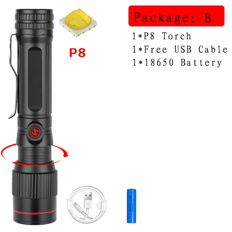Яркий Перезаряжаемый светодиодный светильник-вспышка XHP90, мощный фонарь XHP70.2, супер водонепроницаемый фонарь с зумом, охотничий светильник, 18650 или 26650 Battey - Испускаемый цвет: Package B-P8