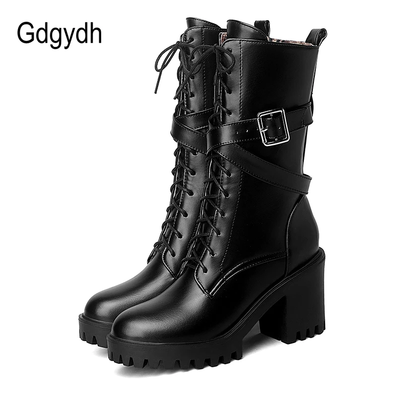 Gdgydh Women Mid-calf Boots Round Toe Thick High Heel Platform Shoes Soft Leather Punk Female Motorcycle Boots Plus Size 34-43