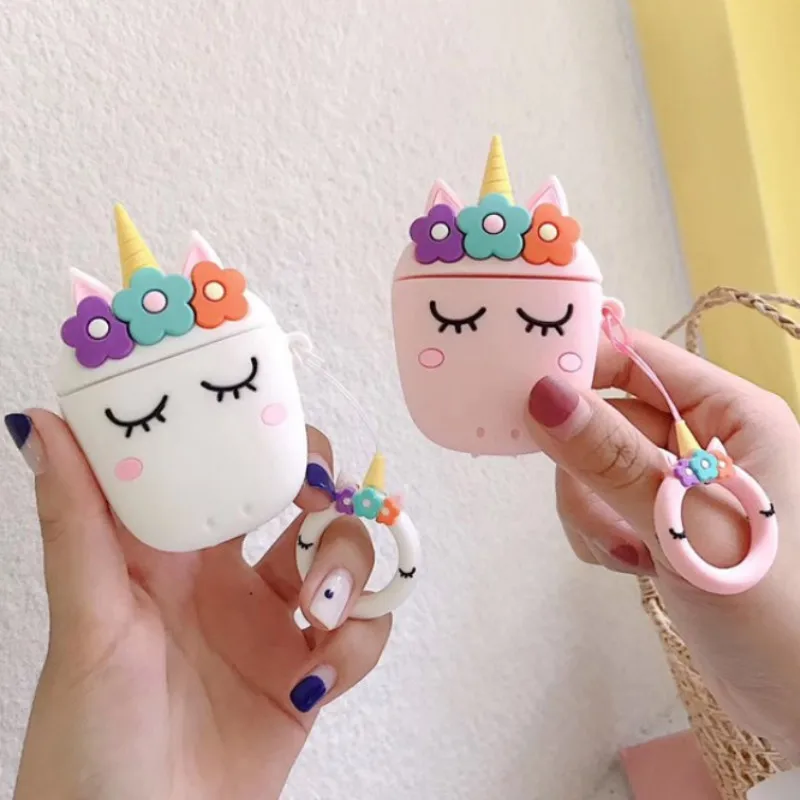 

Cartoon Case for AirPods Cute Cover Silicone Bluetooth Earphone Protective Case for Apple Airpods2 Finger Ring 3D Unicorn Design