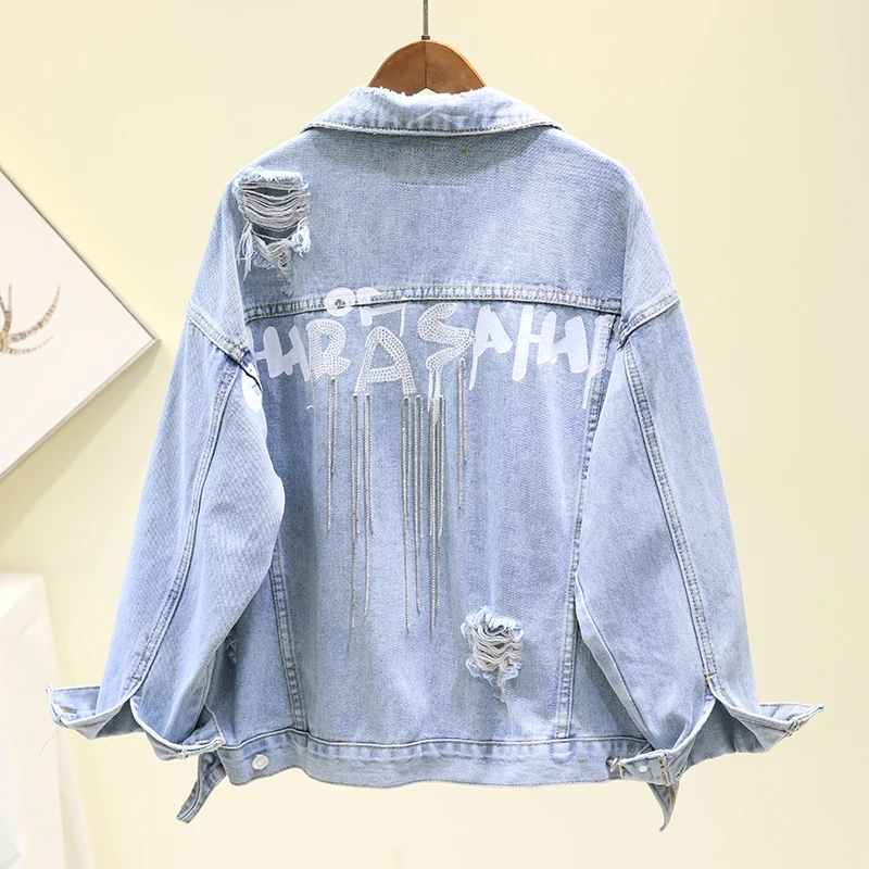 

Handmade Diamonds Tassel Beading Letters print Light blue Vintage Denim jacket Women Spring Autumn Casual Kurtka jeansowa damska