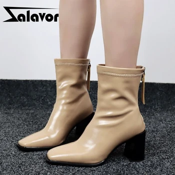

ZALAVOR New Women Mid Calf Boots Square Heel Zipper Women High Heel Boots Fashion Ladies Autumn Winter Shoes Women Size 34-43