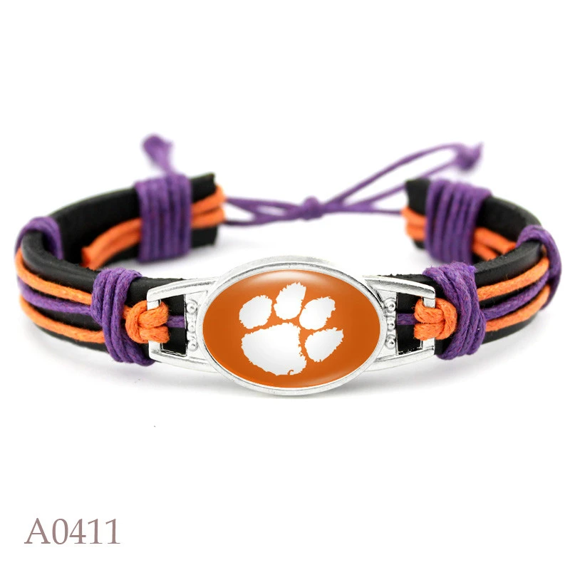 

Fashion Custom Clemson Charm Real Leather Bracelet Football Sports Team Adjustable Bracelets & Bangles For Man Woman