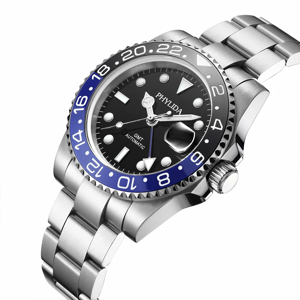 Фирменные водонепроницаемые мужские часы PHYLIDA 100 м GMT двойной раз Бэтмен