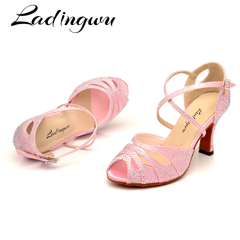 Ladingwu Rhinestone Dance Shoes Latin Salsa Dance Girls Shoes Dark Green Light Green Gradient Women Pink Small mouth dance shoes