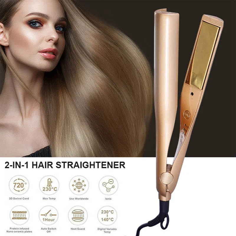 

2-in-1 Hair Straightener Curler Plated Styling Tool LED Temperature Display Titanium Plates Automatically Shut Off Gold
