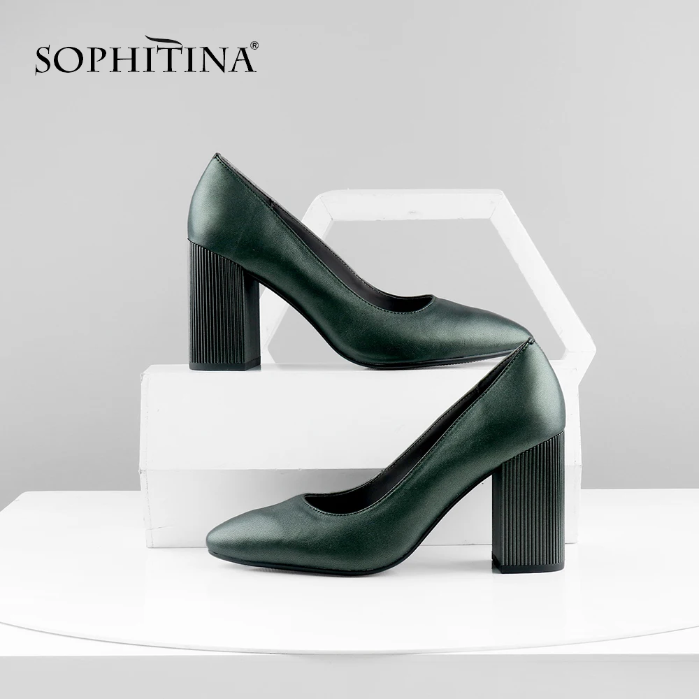 

SOPHITINA Shallow Women's Pumps High Quality Sheepskin Striped Comfortable Square Heel Handmade Shoes New Leisure Pumps PC602