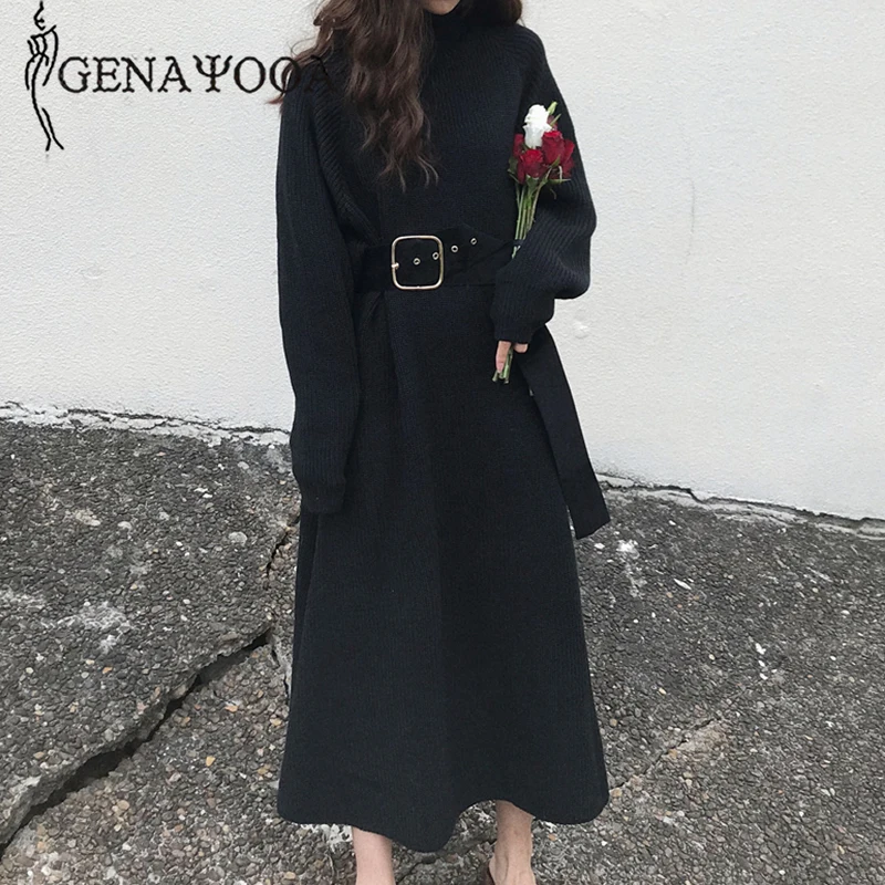 Genayooa теплое зимнее длинное женское платье-свитер с поясом, рождественское платье трапециевидной формы, Женское Платье макси с длинными рукавами, элегантное платье Vestidos
