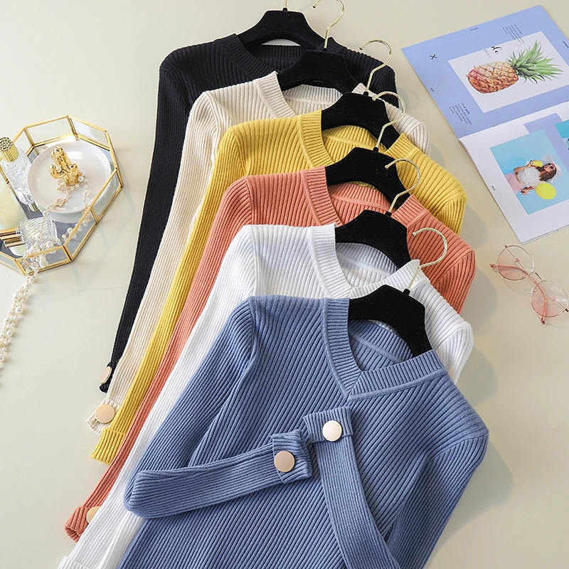 

Sweaters fashion 2019 women sweaters and pullovers ladies tops for women Button Solid V-neck white blusas femininas elegant 0088