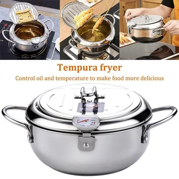 

Tempura Fryer with Thermometer Lid Non-stick Stainless Steel Frying Pot for Kitchen can CSV