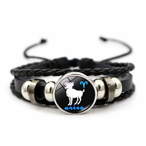 Constellation Bracelet Hand-woven Beaded Retro Leather Zodiac Sign Beads Bangle Bracelets For Women Men Jewelry Gift