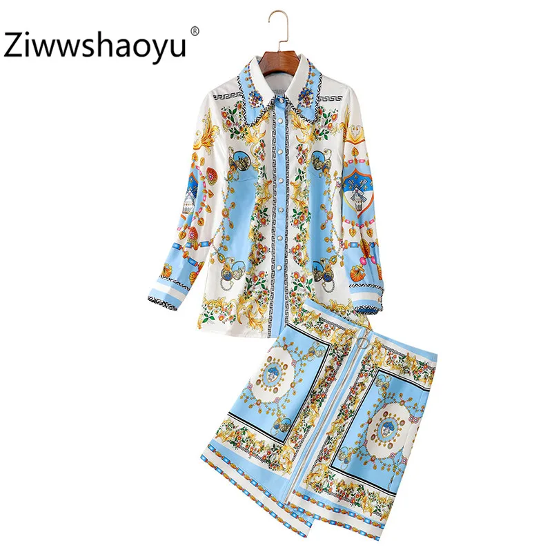 Ziwwshaoyu/Модная Осенняя женская блузка высокого качества с длинными рукавами и бриллиантами+ мини-юбка, принтованный костюм с юбкой, новинка